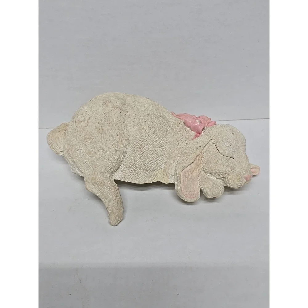 Sleeping White Bunny Rabbit with Pink Bow Resin Shelf Sitter Spring Nursery Room